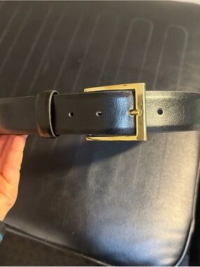 Classic Black Leather Belt with Gold Buckle